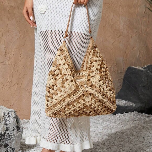 Woven Handmade Shoulder Bag Large Brown/Beige - Picture 3 of 4